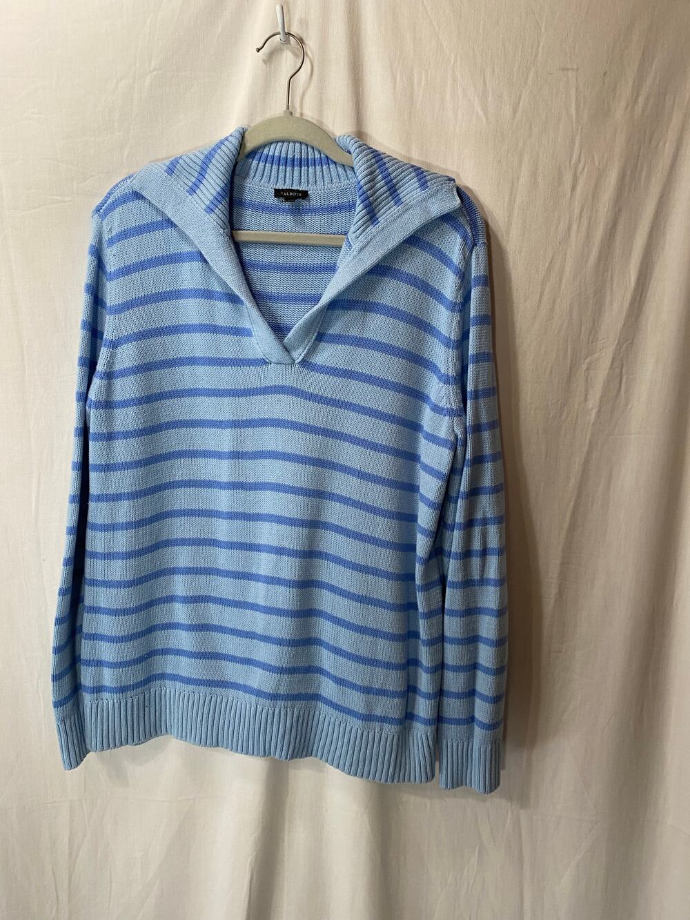 Talbots Blue Striped Preppy Coastal V-Neck 100% Cotton Sweater Large